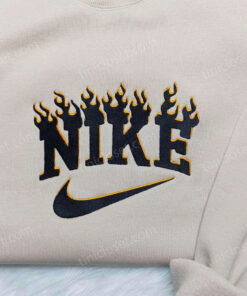 Custom Black Fire Swoosh Embroidered Crewneck, Burning Logo Hoodie, Gothic Streetwear Gift (2)