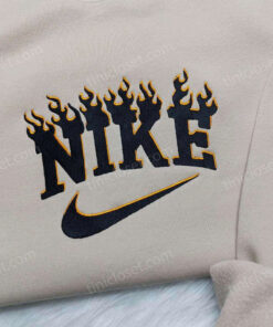 Custom Black Fire Swoosh Embroidered Crewneck, Burning Logo Hoodie, Gothic Streetwear Gift (3)