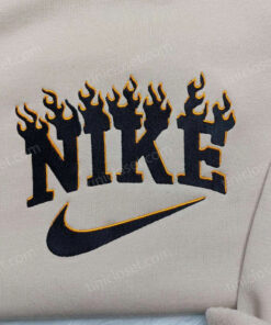 Custom Black Fire Swoosh Embroidered Crewneck, Burning Logo Hoodie, Gothic Streetwear Gift (1)