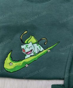 Bulbasaur Swoosh Embroidered Shirt, Pokemon Anime Embroidered Sweatshirt, Custom Anime Hoodie (1)