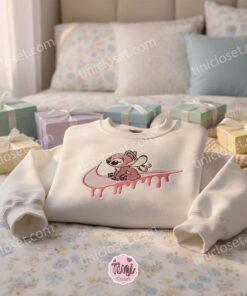 Matching Couple Angel Swoosh Embroidered Hoodie, Custom Experiment 624 Shirt, Minimalist Ohana Crewneck, Anniversary Gift for Disney Lovers (2)