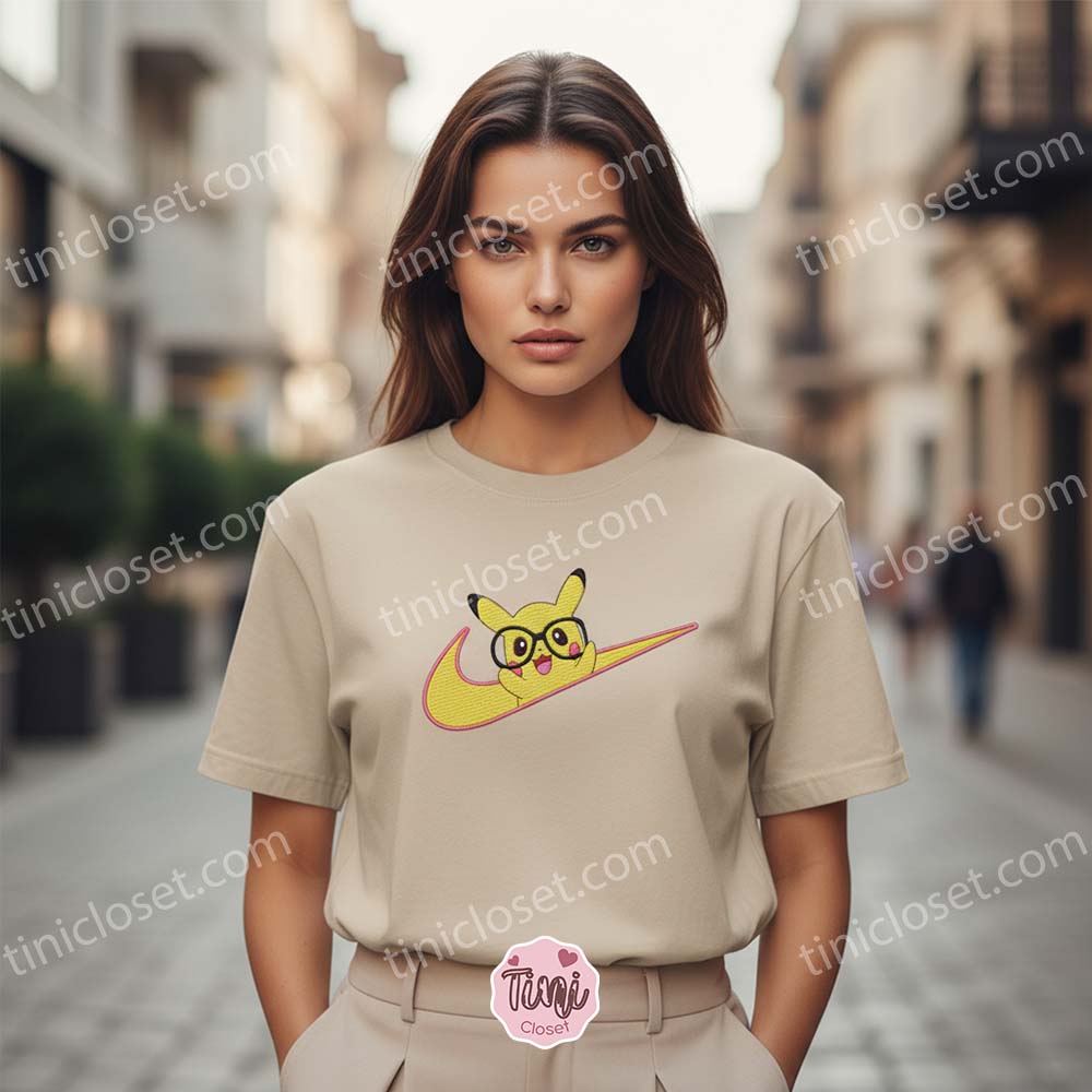 Pikachu With Glasses Embroidered T-Shirt, Cute Pokemon Sporty Hoodie, Custom Anime Crewneck Pikachu With Glasses Embroidered T-Shirt, Cute Pokemon Sporty Hoodie, Custom Anime Crewneck