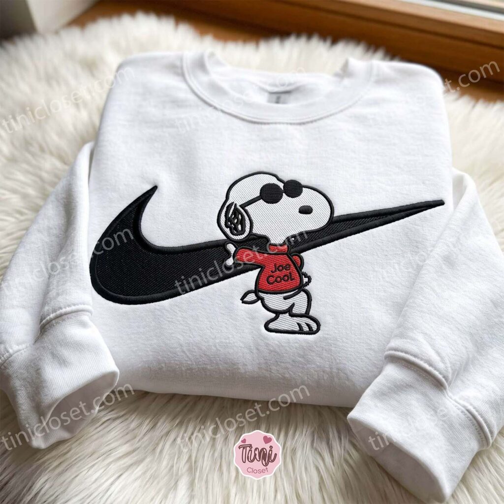 Snoopy Peanuts Swoosh Embroidered Sweatshirt, Cartoon Embroidered Shirt, Unique Family Gifts