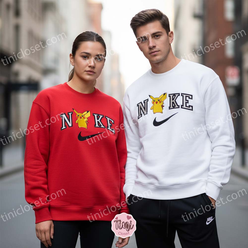 Pikachu Character Embroidered T-Shirt, Cute Electric Anime Crewneck, Bestie Matching Shirts Pikachu Character Embroidered T-Shirt, Cute Electric Anime Crewneck, Bestie Matching Shirts