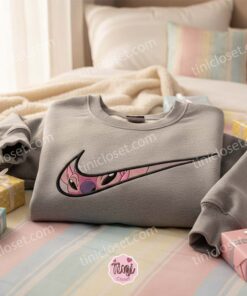 Custom Angel Swoosh Embroidered Sweatshirt, Matching Stitch and Angel Couples Hoodie, Minimalist Experiment 624 Crewneck, Cute Ohana Means Family Disney Lovers Gift
