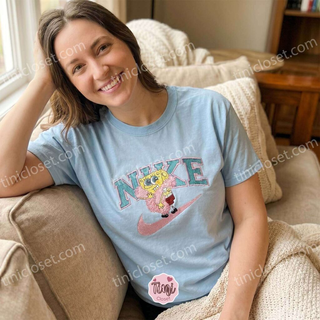 SpongeBob Pink Boa Embroidered Sweatshirt, Cozy Gifts For Girlfriend, Custom Cartoon Hoodie & T-shirt
