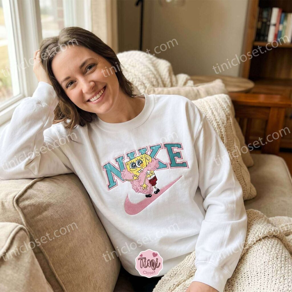 SpongeBob Pink Boa Embroidered Sweatshirt, Cozy Gifts For Girlfriend, Custom Cartoon Hoodie & T-shirt