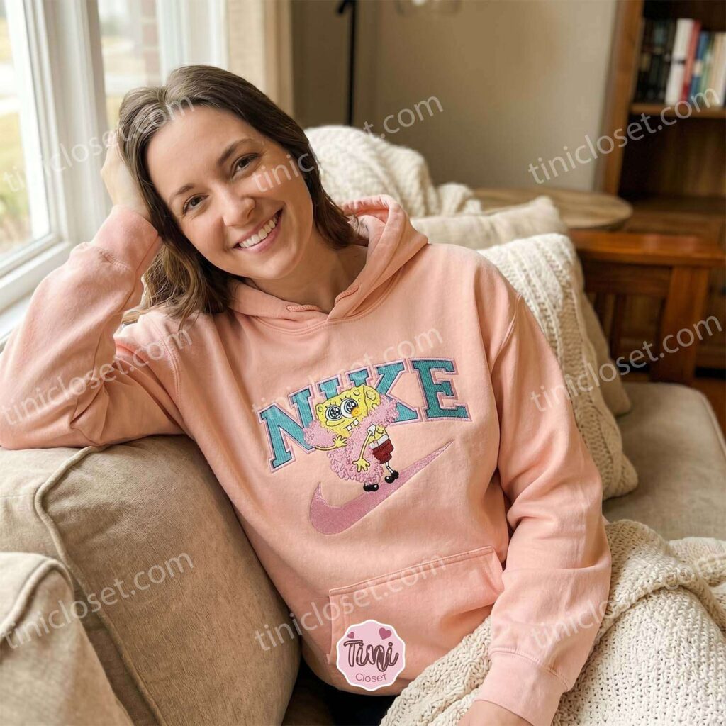 SpongeBob Pink Boa Embroidered Sweatshirt, Cozy Gifts For Girlfriend, Custom Cartoon Hoodie & T-shirt
