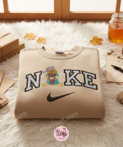 Winnie The Pooh and Teddy Bear Embroidered Crewneck, Disney Embroidered Sweater, Cartoon Embroidered Shirt