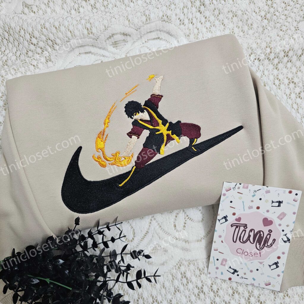Zuko x Nike Swoosh Anime Embroidered Hoodie, Avatar Embroidered Shirt, Nike Inspired Embroidered Shirt