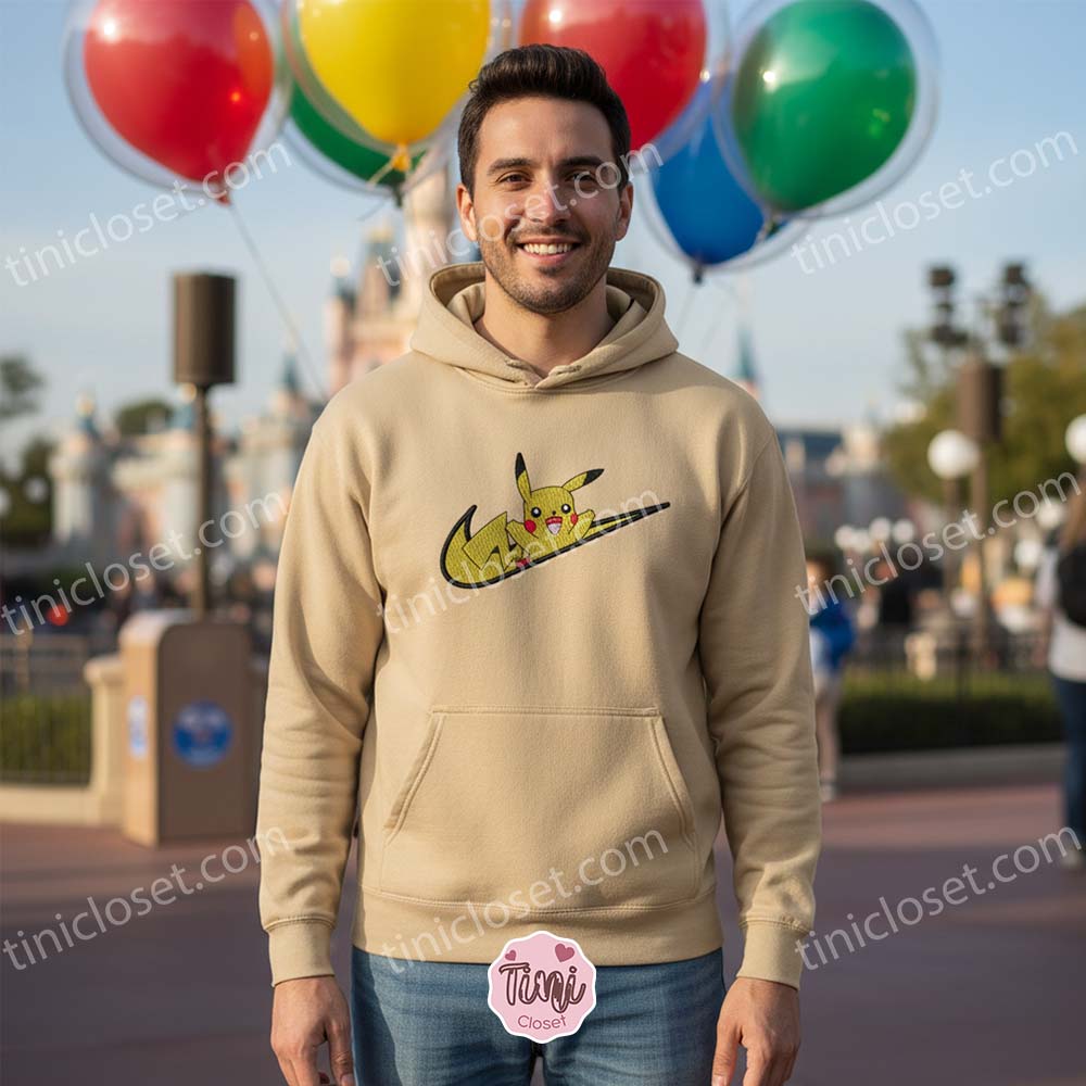 Happy Pikachu Embroidered Hoodie, Cute Pokemon Sporty Logo Sweatshirt, Anime Crewneck for Fans Happy Pikachu Embroidered Hoodie, Cute Pokemon Sporty Logo Sweatshirt, Anime Crewneck for Fans