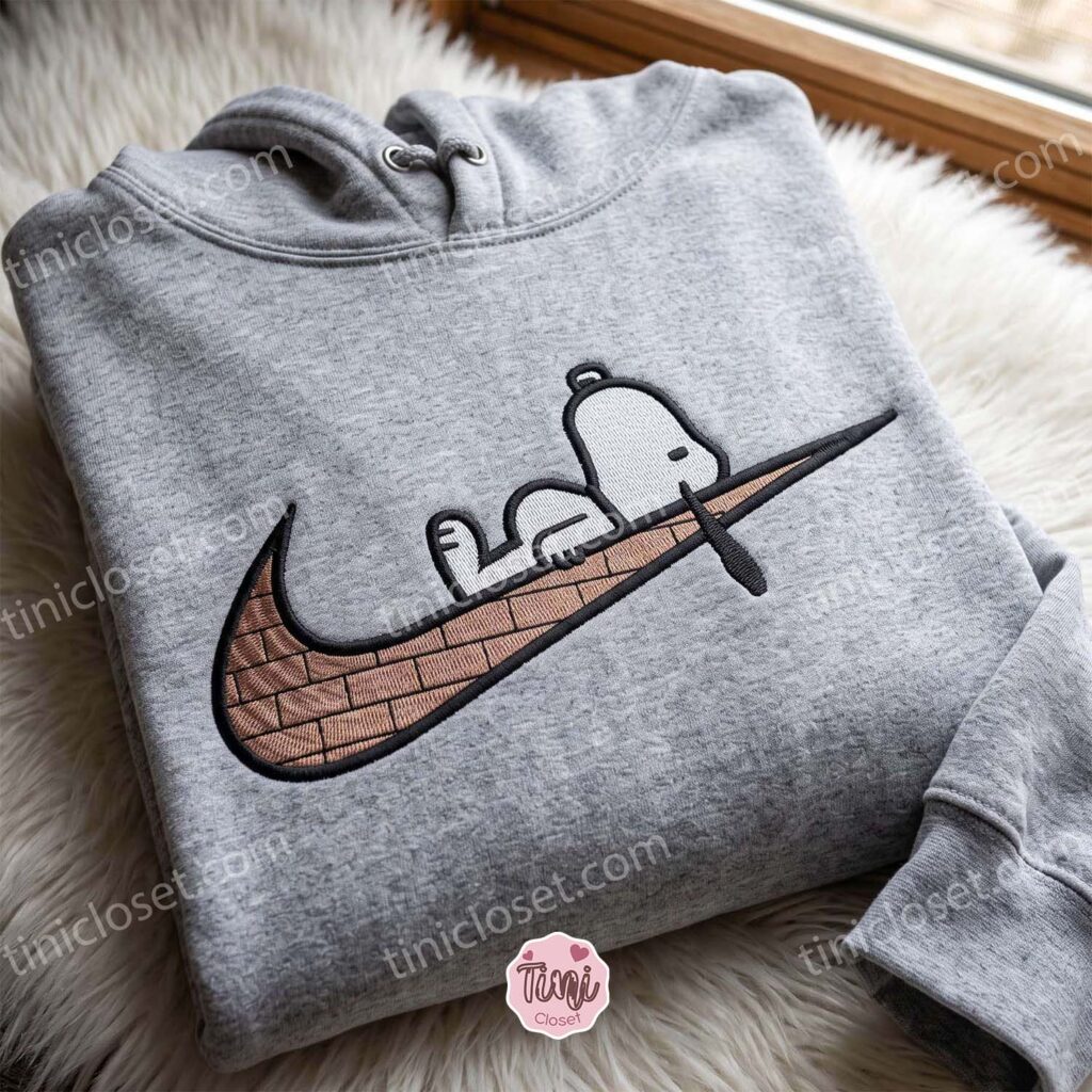 Snoopy Peanuts Swoosh Embroidered Sweatshirt, Cartoon Embroidered Shirt, Unique Family Gifts