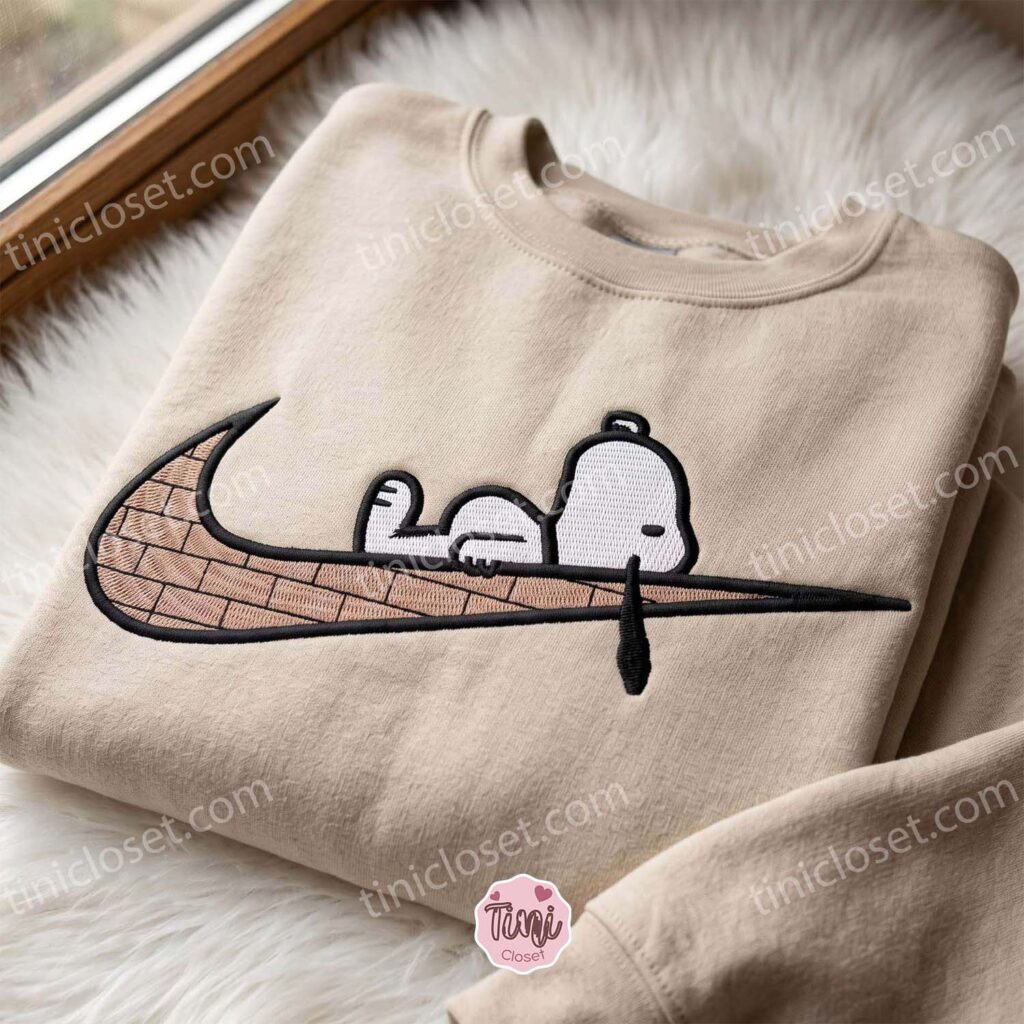 Snoopy Peanuts Swoosh Embroidered Sweatshirt, Cartoon Embroidered Shirt, Unique Family Gifts