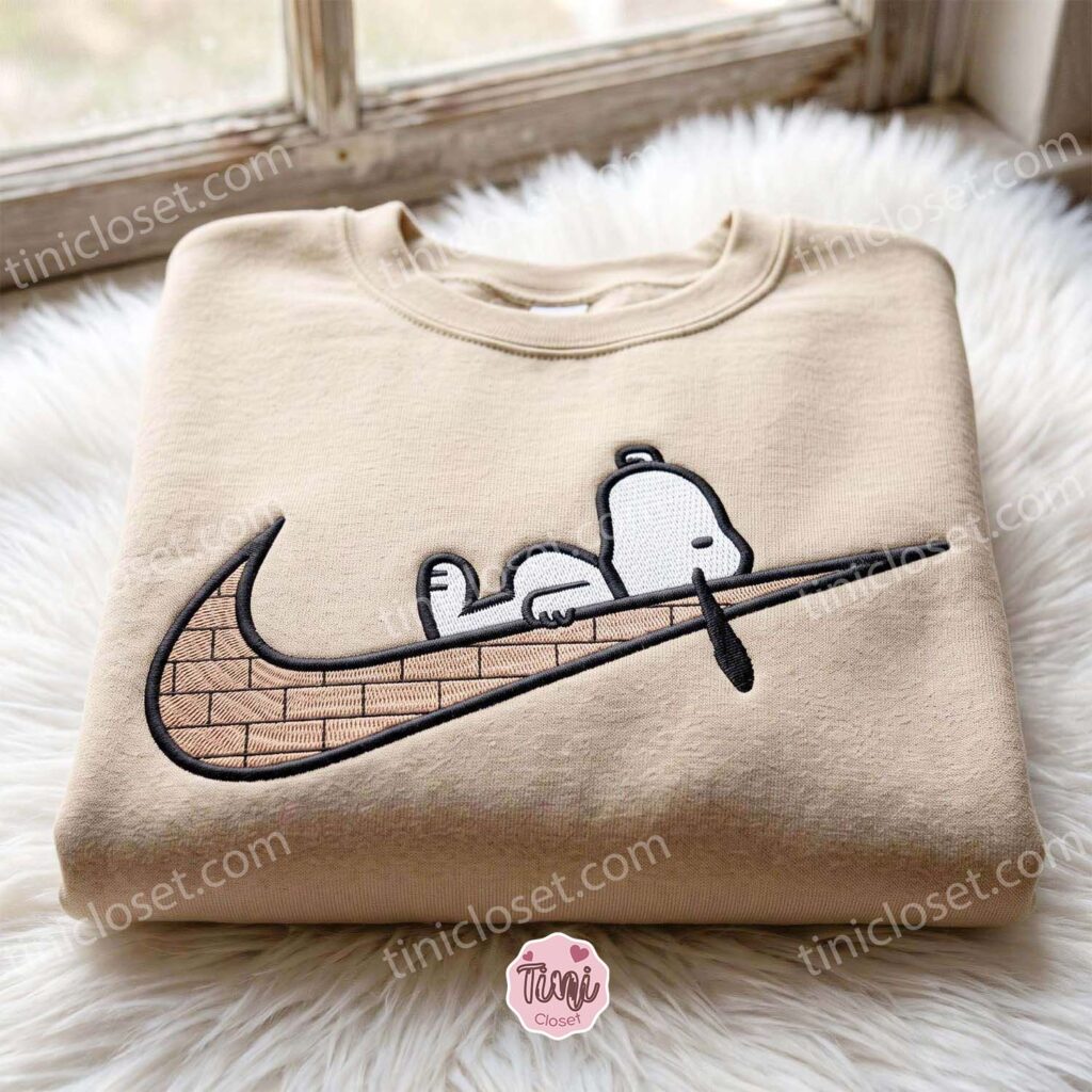 Snoopy Peanuts Swoosh Embroidered Sweatshirt, Cartoon Embroidered Shirt, Unique Family Gifts