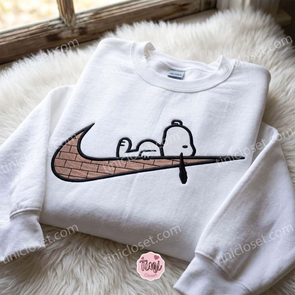 Snoopy Peanuts Swoosh Embroidered Sweatshirt, Cartoon Embroidered Shirt, Unique Family Gifts