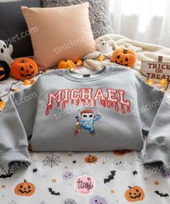 Stitch Cosplay Michael Myers Drip Style Embroidered Hoodie, Spooky Halloween Slasher Sweatshirt, Streetwear Disney Horror Apparel, Gift for Him Her