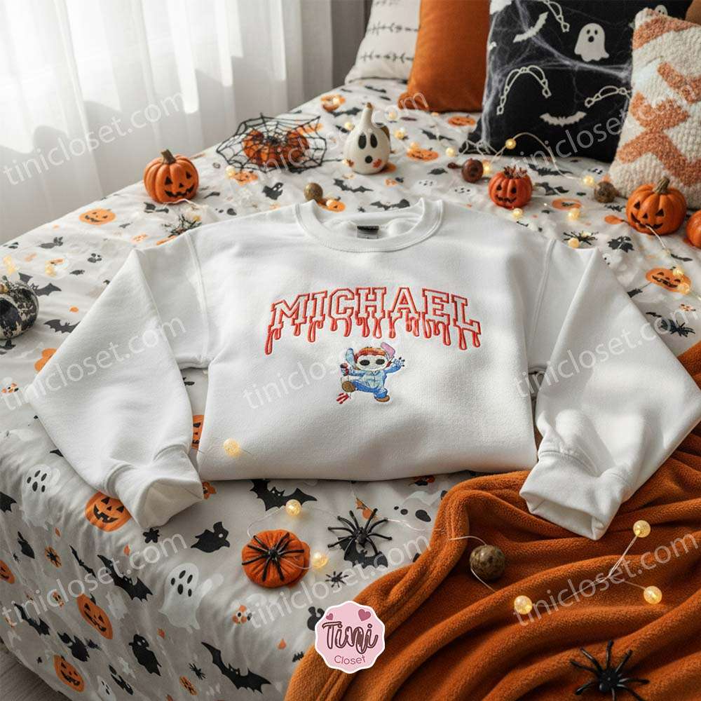 Stitch Cosplay Michael Myers Drip Style Embroidered Hoodie, Spooky Halloween Slasher Sweatshirt, Streetwear Disney Horror Apparel, Gift for Him Her Stitch Cosplay Michael Myers Drip Style Embroidered Hoodie, Spooky Halloween Slasher Sweatshirt, Streetwear Disney Horror Apparel, Gift for Him Her