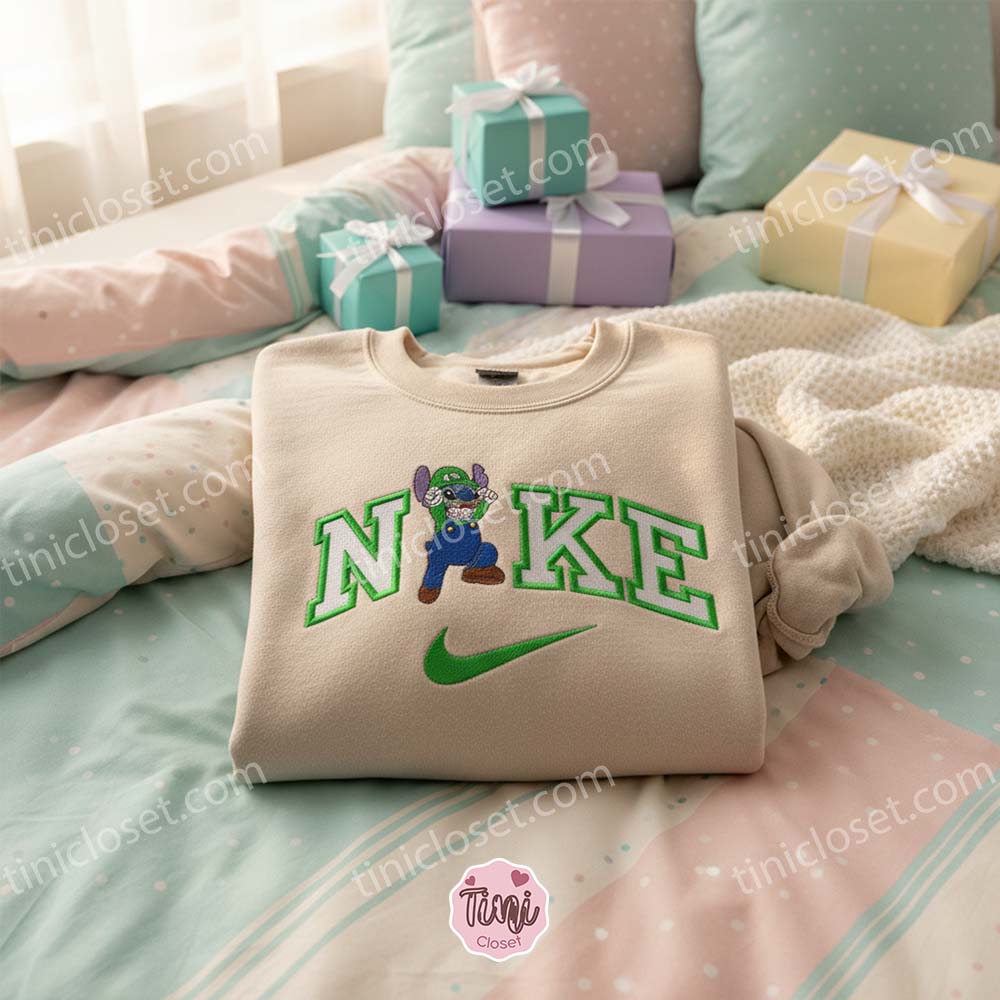 Stitch Cosplay Luigi Embroidered Hoodie, Super Mario Bros Sweatshirt, Ohana Means Family Crewneck, Gamer Gift for Him Her Stitch Cosplay Luigi Embroidered Hoodie, Super Mario Bros Sweatshirt, Ohana Means Family Crewneck, Gamer Gift for Him Her