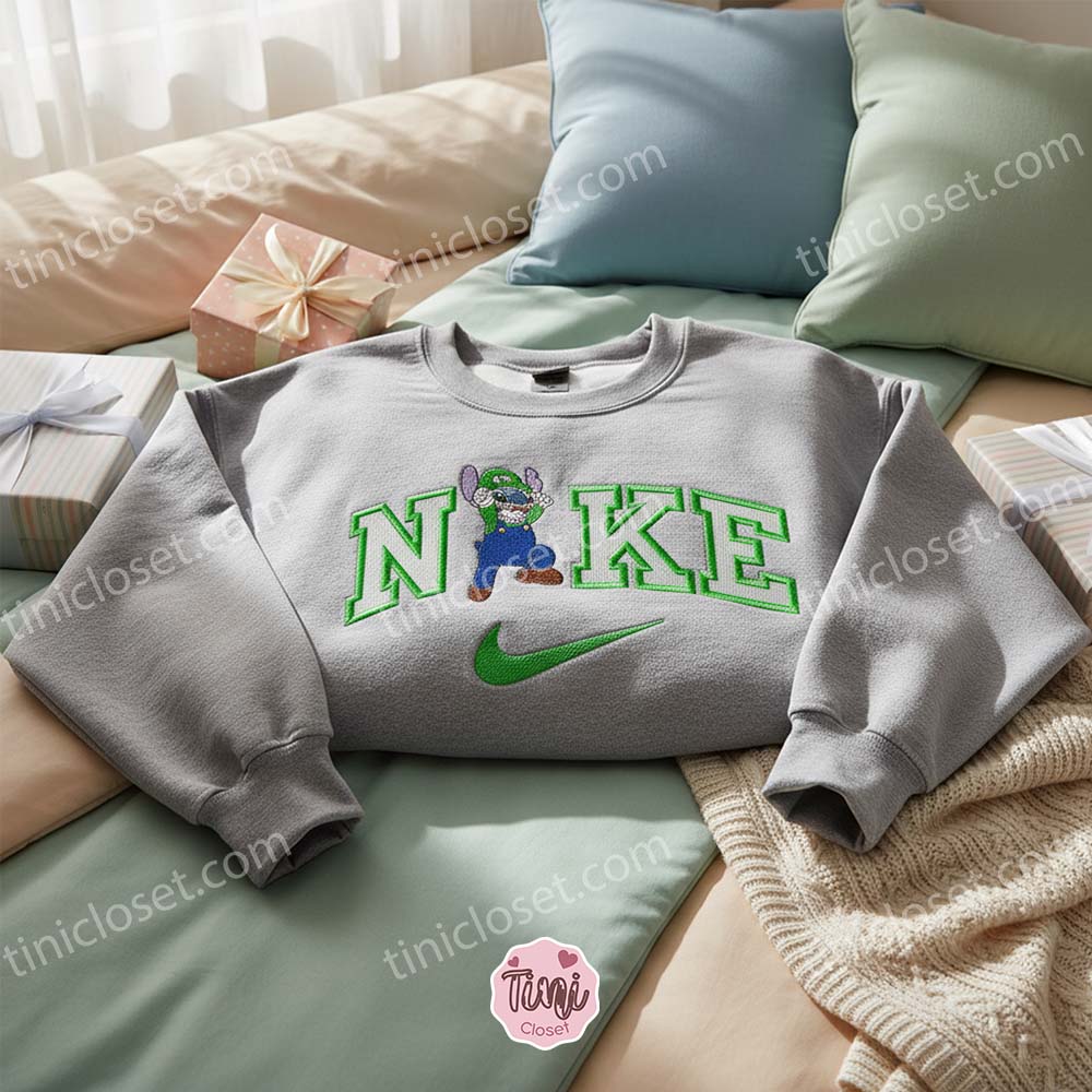 Stitch Cosplay Luigi Embroidered Hoodie, Super Mario Bros Sweatshirt, Ohana Means Family Crewneck, Gamer Gift for Him Her Stitch Cosplay Luigi Embroidered Hoodie, Super Mario Bros Sweatshirt, Ohana Means Family Crewneck, Gamer Gift for Him Her