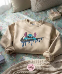 Stitch Swoosh Drip Embroidered Hoodie, Custom Streetwear Experiment 626 Sweatshirt, Ohana Means Family Crewneck, Disney Gift for Him Her (1)