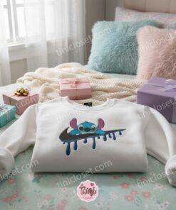 Stitch Swoosh Drip Embroidered Hoodie, Custom Streetwear Experiment 626 Sweatshirt, Ohana Means Family Crewneck, Disney Gift for Him Her (3)