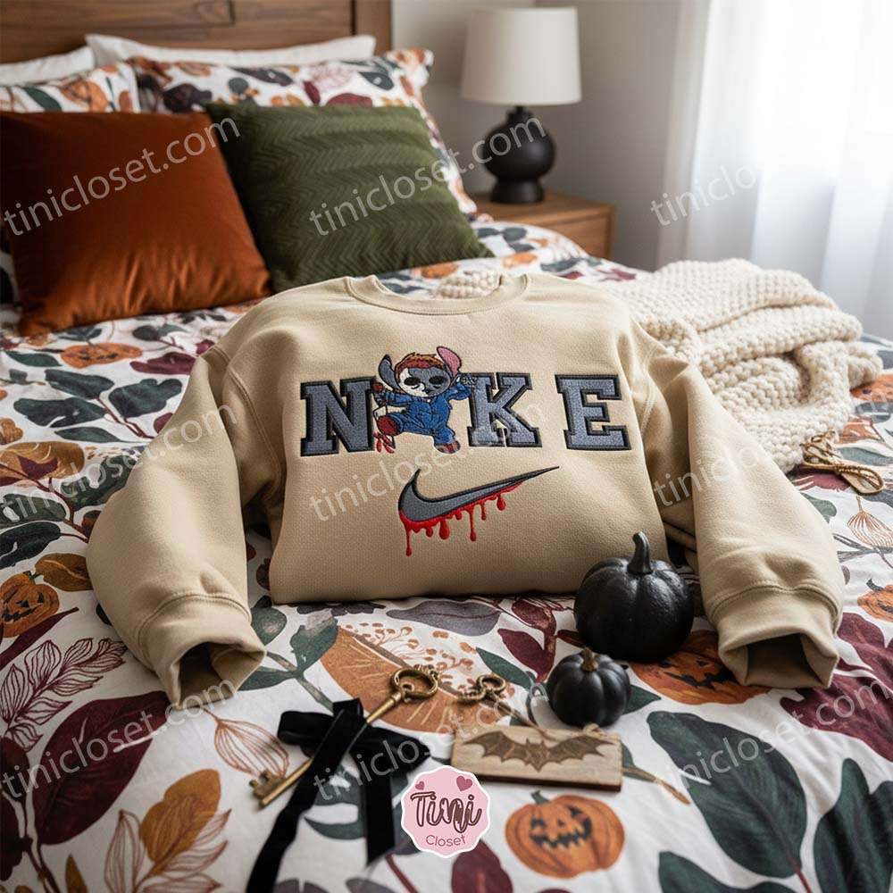 Stitch Michael Myers Drip Swoosh Halloween Embroidered Hoodie, Slasher Experiment 626 Sweatshirt, Spooky Streetwear Horror Appar Stitch Michael Myers Drip Swoosh Halloween Embroidered Hoodie, Slasher Experiment 626 Sweatshirt, Spooky Streetwear Horror Appar