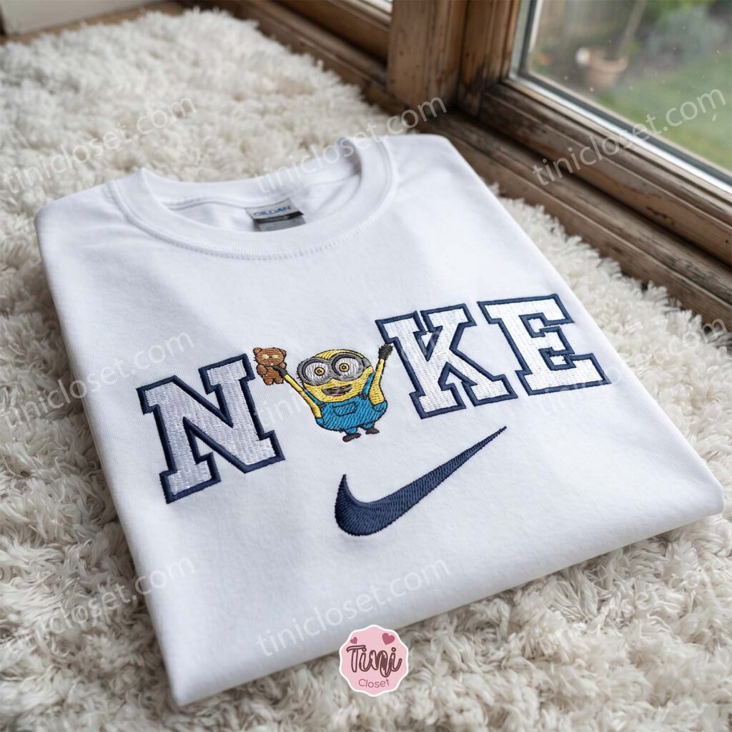 Minion Bob and Tim Bear Embroidered T-shirt, Movie Characters Embroidered Shirt, Cozy Gifts For Girlfriend