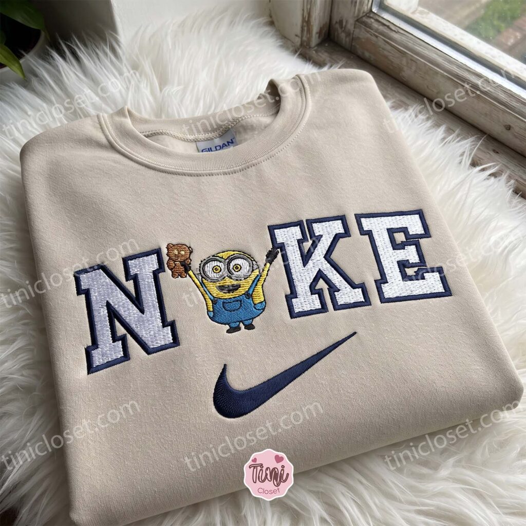 Minion Bob and Tim Bear Embroidered T-shirt, Movie Characters Embroidered Shirt, Cozy Gifts For Girlfriend