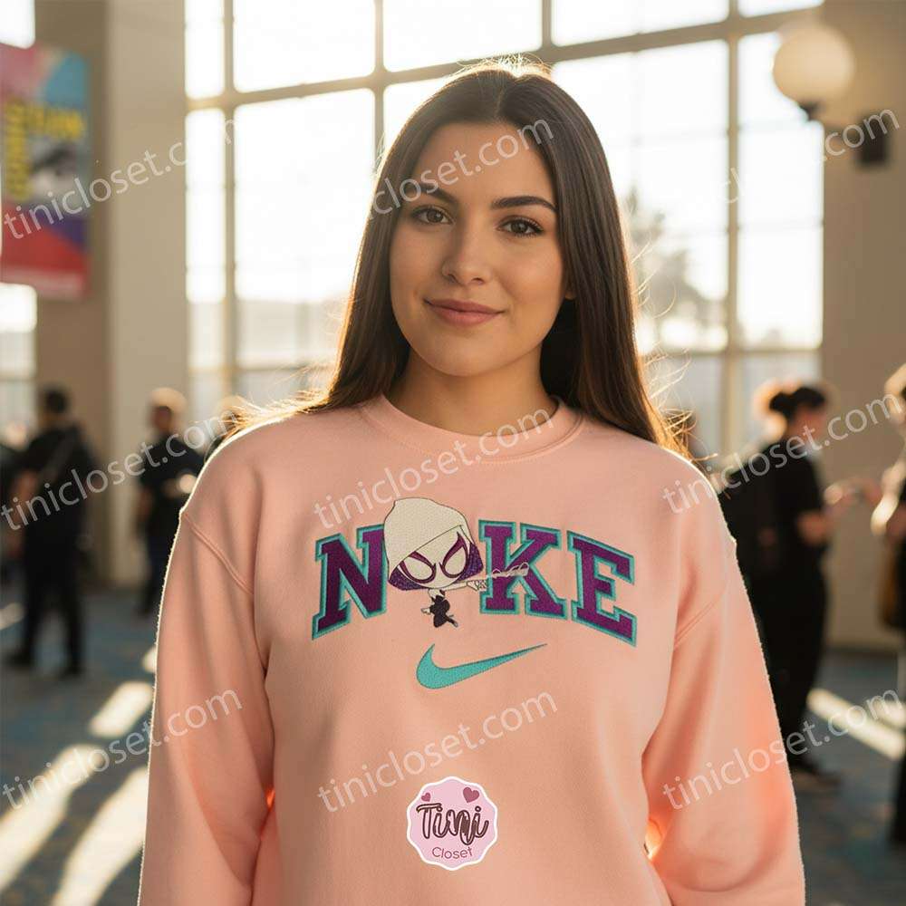 Cute Spider-Gwen Custom Embroidered Crewneck, Cute Ghost-Spider Embroidered Sweatshirt For Her, Comic Fan Gift Cute Spider-Gwen Custom Embroidered Crewneck, Cute Ghost-Spider Embroidered Sweatshirt For Her, Comic Fan Gift