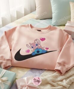 Stitch and Angel Swoosh Heart Embroidered Hoodie, Matching Couple Valentine Sweatshirt, Experiment 626 and 624 Love Crewneck, Gift for Him Her