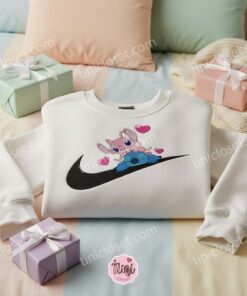 Stitch and Angel Swoosh Heart Embroidered Hoodie, Matching Couple Valentine Sweatshirt, Experiment 626 and 624 Love Crewneck, Gift for Him Her (2)