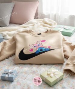 Stitch and Angel Swoosh Heart Embroidered Hoodie, Matching Couple Valentine Sweatshirt, Experiment 626 and 624 Love Crewneck, Gift for Him Her (3)