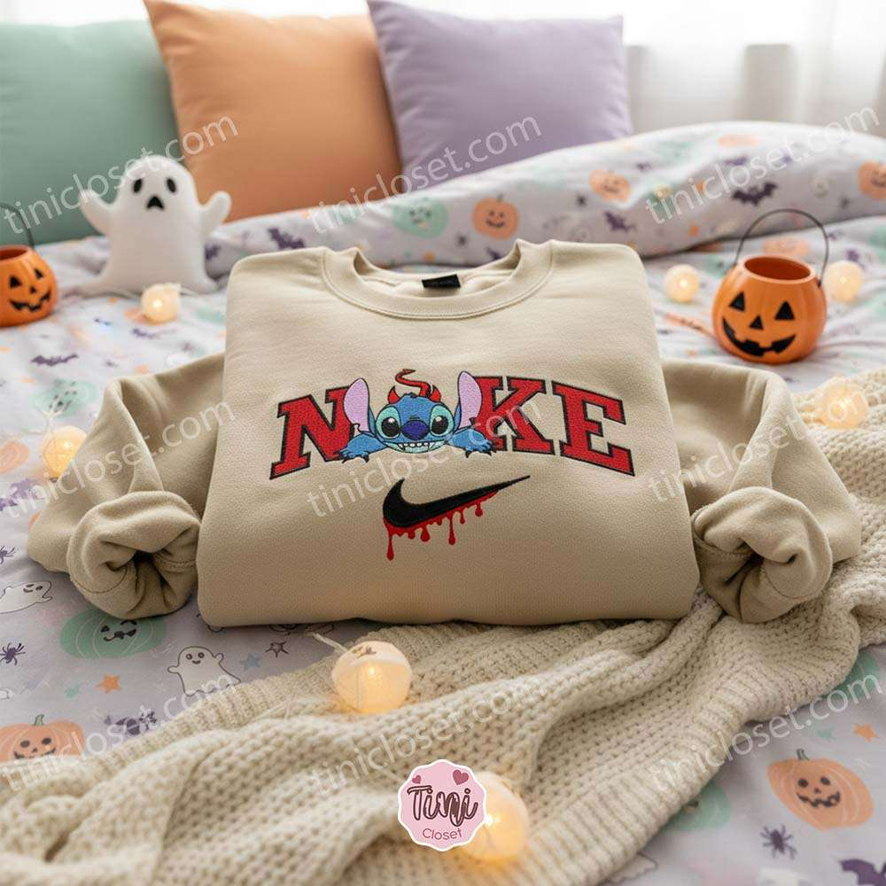 Stitch Devil Drip Swoosh Halloween Embroidered Hoodie, Devilish Experiment 626 Sweatshirt, Spooky Streetwear Crewneck, Gift for Him Her Stitch Devil Drip Swoosh Halloween Embroidered Hoodie, Devilish Experiment 626 Sweatshirt, Spooky Streetwear Crewneck, Gift for Him Her