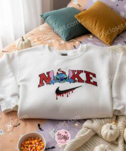 Stitch Devil Drip Swoosh Halloween Embroidered Hoodie, Devilish Experiment 626 Sweatshirt, Spooky Streetwear Crewneck, Gift for Him Her (2)