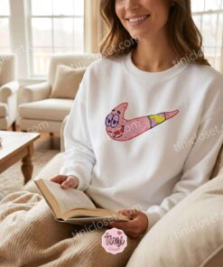 Funny Patrick Star Swoosh Embroidered Sweatshirt, Cute Cartoon Meme Hoodie, Cozy Gifts For Girlfriend