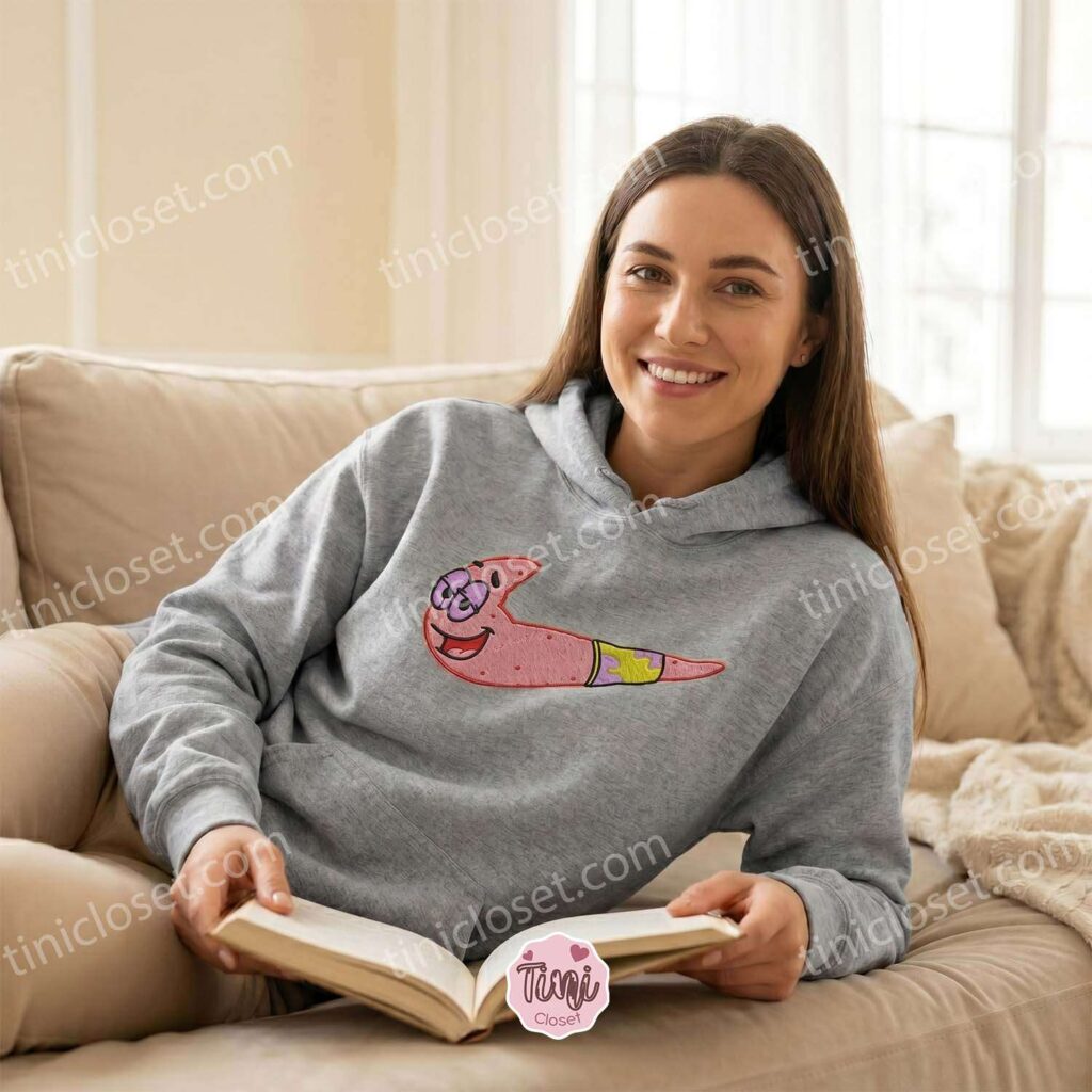 Funny Patrick Star Swoosh Embroidered Sweatshirt, Cute Cartoon Meme Hoodie, Cozy Gifts For Girlfriend Funny Patrick Star Swoosh Embroidered Sweatshirt, Cute Cartoon Meme Hoodie, Cozy Gifts For Girlfriend
