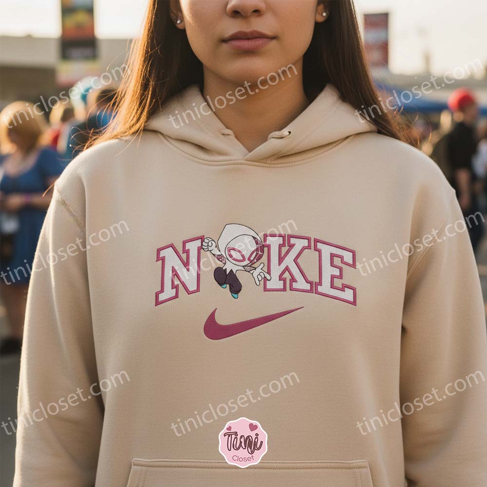 Custom Spider-Gwen Embroidered Hoodie, Pink Swoosh Ghost-Spider Sweatshirt, Custom Pink Swoosh Spider Hero T-Shirt Custom Spider-Gwen Embroidered Hoodie, Pink Swoosh Ghost-Spider Sweatshirt, Custom Pink Swoosh Spider Hero T-Shirt