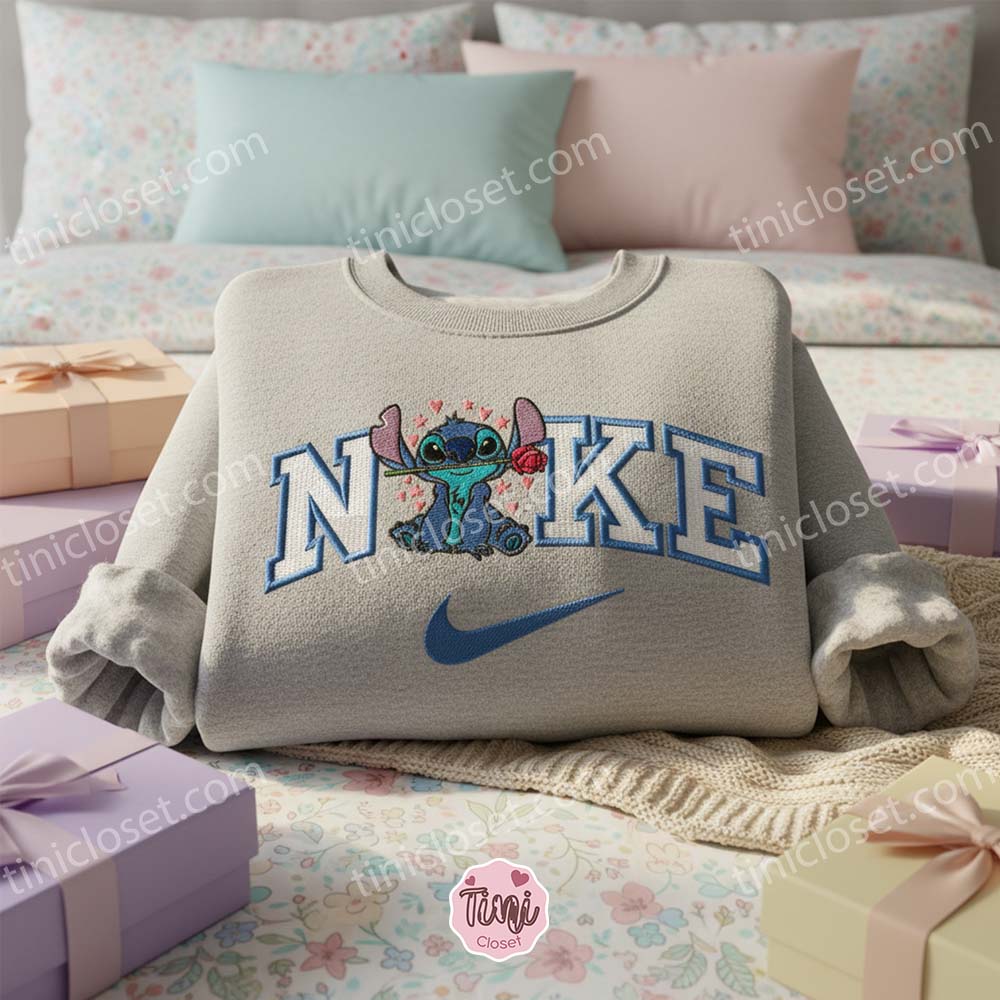 Romantic Stitch with Rose Embroidered Crewneck, Custom Valentine Experiment 626 Sweatshirt, Ohana Means Family, Gift for Him Her Romantic Stitch with Rose Embroidered Crewneck, Custom Valentine Experiment 626 Sweatshirt, Ohana Means Family, Gift for Him Her