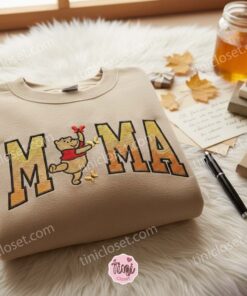 Mama Winnie The Pooh Embroidered Crewneck, Disney Characters Embroidered Sweater, Best Mother’s Day Gift