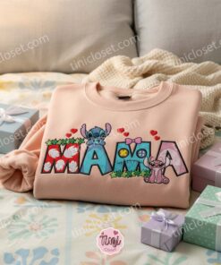Stitch and Angel Mama Embroidered Sweatshirt, Cute Matching Mother's Day Crewneck, Disney Mom and Daughter Gift (1)