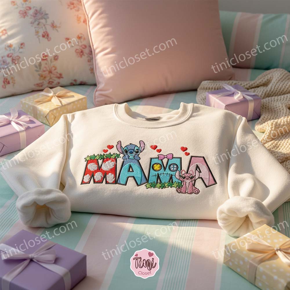 Stitch and Angel Mama Embroidered Sweatshirt, Cute Matching Mother’s Day Crewneck, Disney Mom and Daughter Gift Stitch and Angel Mama Embroidered Sweatshirt, Cute Matching Mother’s Day Crewneck, Disney Mom and Daughter Gift