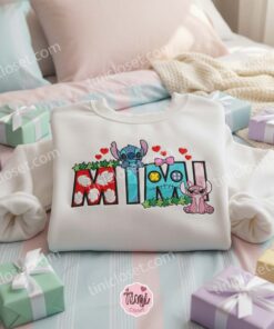 Stitch and Angel Mimi Embroidered Sweatshirt, Cute Matching Mother's Day Crewneck, Disney Mom and Daughter Gift (1)