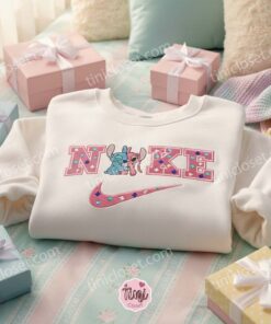 Matching Stitch and Angel Hoodies, Valentine Couple Shirt, Custom Swoosh Embroidered Sweatshirt, Minimalist Ohana Means Family Crewneck, Gift for Disney Fans (1)