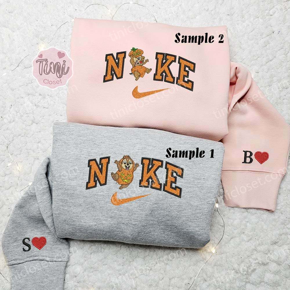 Chip And Dale Halloween Pumpkin Embroidered Shirts, Disney Characters Embroidered Sweatshirts, Matching Couple Embroidered Hoodies