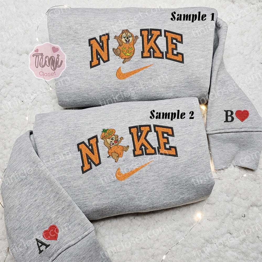 Chip And Dale Halloween Pumpkin Embroidered Shirts, Disney Characters Embroidered Sweatshirts, Matching Couple Embroidered Hoodies