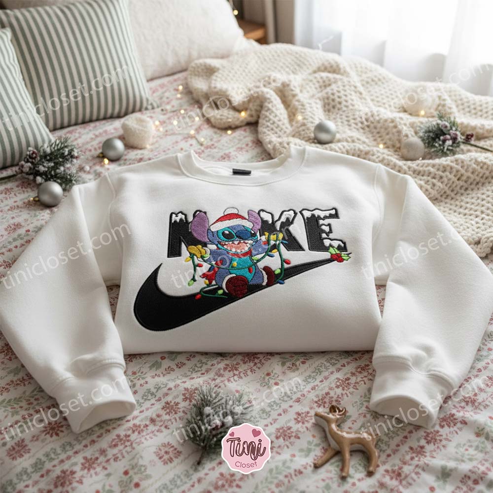 Stitch Christmas Lights Snow Embroidered Hoodie, Merry and Bright Experiment 626 Sweatshirt, Festive Disney Holiday Apparel, Gift for Him