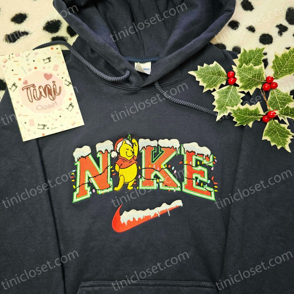 Winnie The Pooh Christmas Lights Embroidered Sweatshirt, Pooh Bear Snow Holiday Hoodie, Disney Xmas Shirt