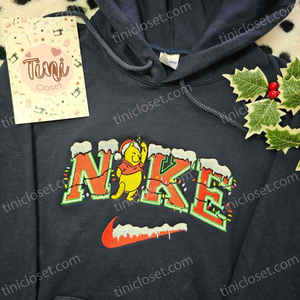 Winnie The Pooh Christmas Lights Embroidered Sweatshirt, Pooh Bear Snow Holiday Hoodie, Disney Xmas Shirt