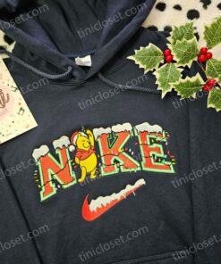 Winnie The Pooh Christmas Lights Embroidered Sweatshirt, Pooh Bear Snow Holiday Hoodie, Disney Xmas Shirt (1)
