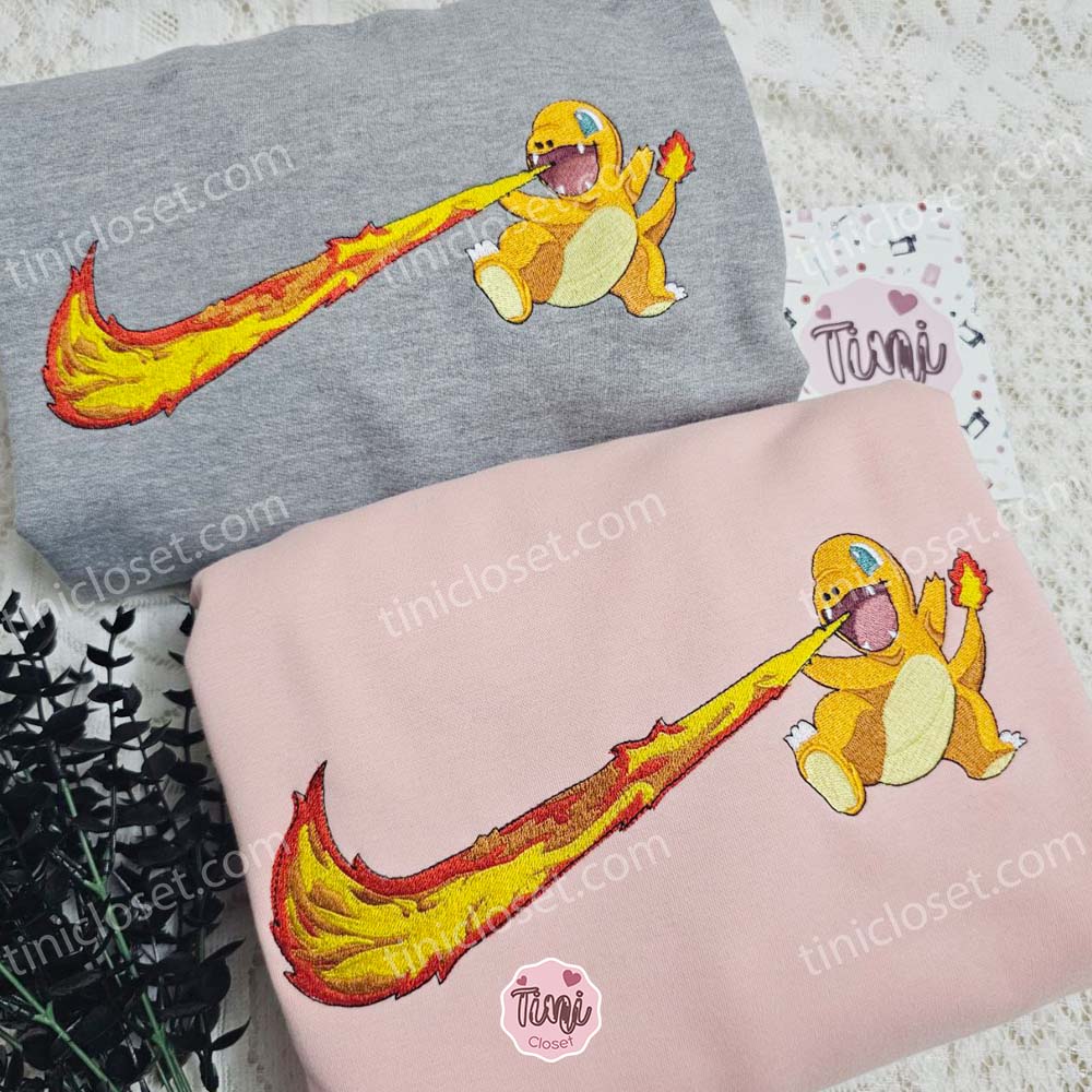 Charmander Fire Pokemon Anime Embroidered Shirt, Fire Type Swoosh Embroidered Sweatshirt, Custom Anime Hoodie
